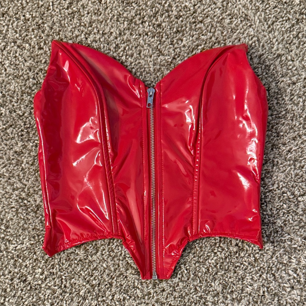 Red Vinyl Zip-Front Bustier Top